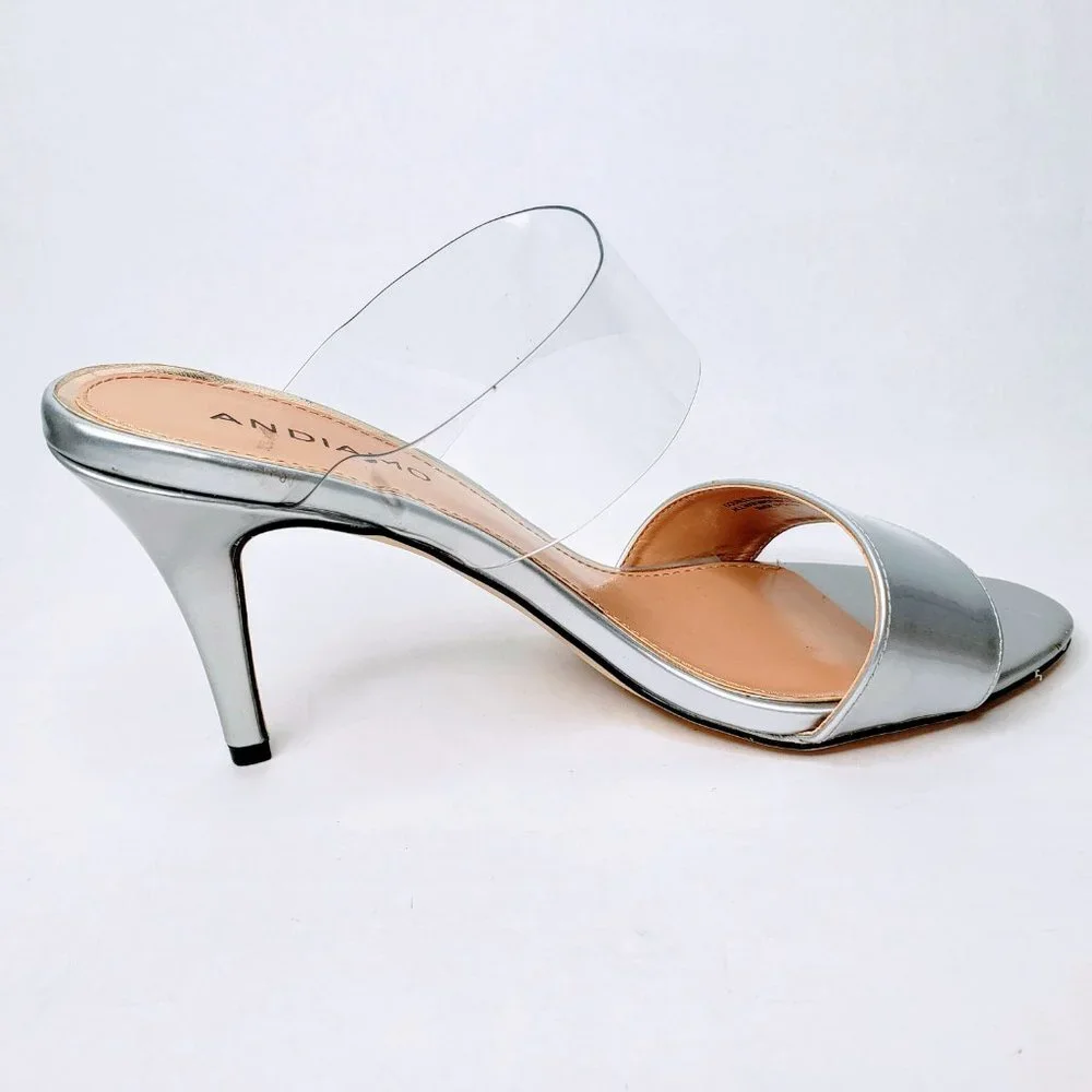 Andiamo Double Trouble Metallic Silver Clear Strap Heels Slip On Stiletto 8.5